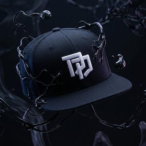 May include: Black baseball cap featuring a white embroidered logo. The cap has a flat peak and a structured crown. Dark, glossy, liquid shapes surround the cap, creating a dynamic visual effect. The background is a dark, blurred gradient.