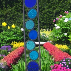 Stained Glass Blue Mix Plant Stake.  Copper and stained glass garden  3.5 x21 inch . Free Shipping!