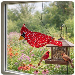 May include: A red mosaic cardinal bird decoration hangs near a wooden bird feeder. Two real cardinals perch on the feeder, which is filled with birdseed. The background features a colorful flower garden and a window.