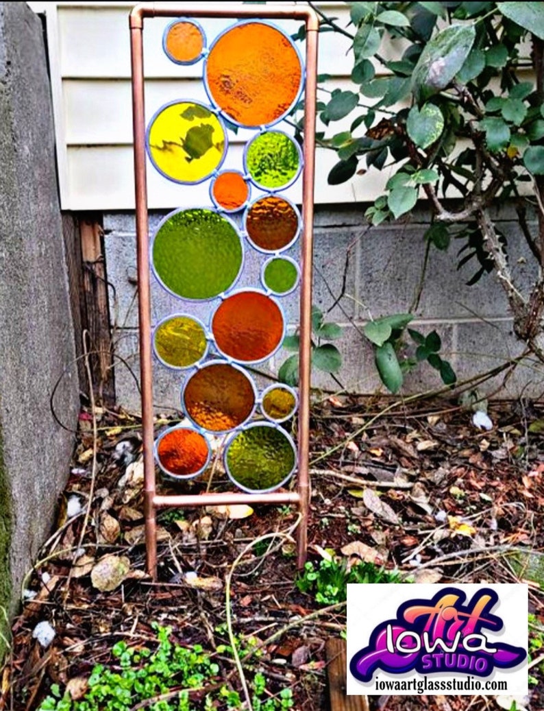 Stained glass & copper garden art, In retro 70s colors Free shipping, Sale image 5