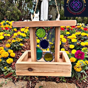 Bird Feeder with Real Blue & Green   Stained Glass and Cedar.   Free shipping