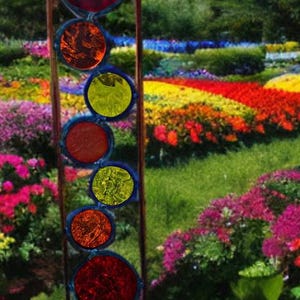Red, Orange & Yellow Mix Plant Stake.  Copper and stained glass garden  3.5 x21 inch . Free Shipping!