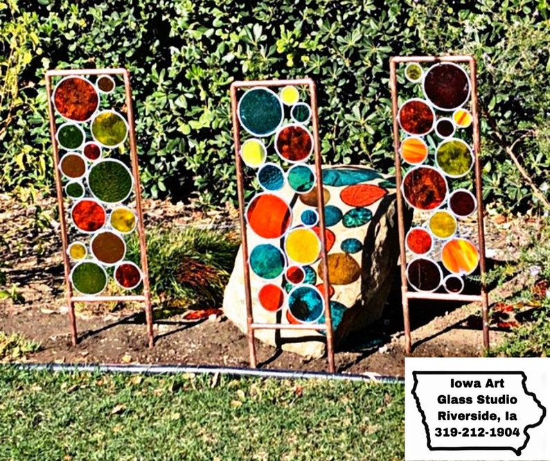 Stained glass & copper garden art, In retro 70s colors Free shipping, Sale image 4