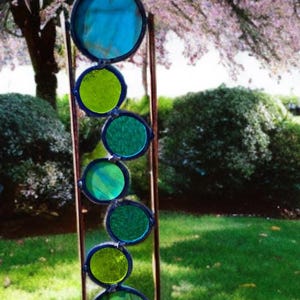 Blue & Green Mix Plant Stake.  Copper and stained glass garden  3.5 x21 inch . Free Shipping!