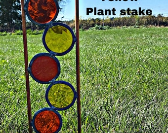 Red, Orange & Yellow Mix Plant Stake.  Copper and stained glass garden  3.5 x21 inch . Free Shipping!