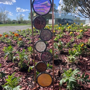 Clearance Stained Glass Plant Stake.  Copper and stained glass garden  3.5 x21 inch . Free Shipping! Clearance Priced.
