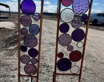 Stained Glass Yard art. Real stained glass & copper garden stakes in Purple Mix. Free shipping