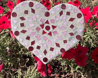 DIY Pink & Red Heart Stained Glass Mosaic. DIY Kit with stake.  Free shipping