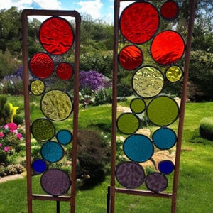 Stained glass yard, garden art, stained glass & copper garden stakes Rainbow Free shipping