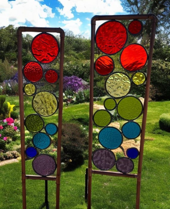 Stained Glass Rainbow Garden Art: Copper Frame Yard Stake
