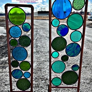 Stained glass Yard, garden art. Real stained glass & copper garden stakes in Blue add Green Mix. Free shipping.