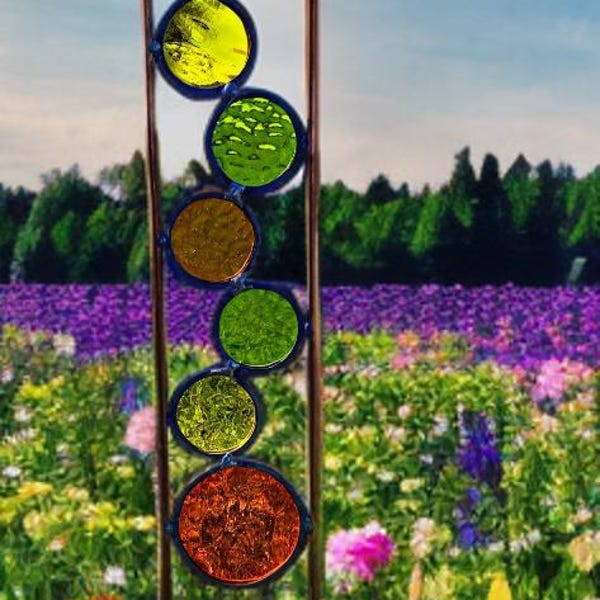 Retro Stained Glass Plant Stake: Copper Garden Art (3.5x21 inch)