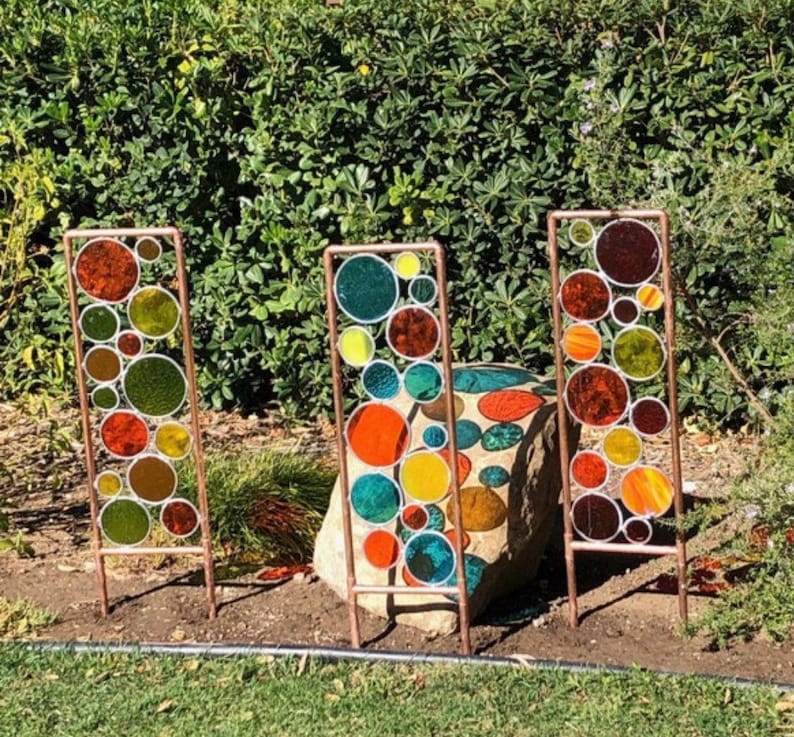 Stained glass & copper garden art, In retro 70s colors Free shipping, Sale image 8