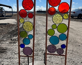 Stained glass yard, garden art, stained glass & copper garden stakes Rainbow Free shipping