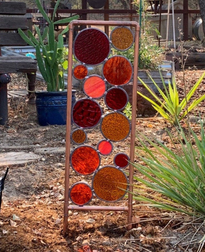 Stained glass & copper garden art, In retro 70s colors Free shipping, Sale image 9