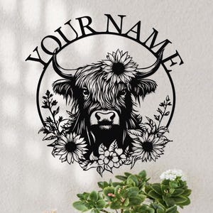 Custom Highland Cow Name Sign,Highland Cow Wall Decor,Personalized Highland Cow Farm Sign,Highland Cow Metal Wall Art,Cow Farmhouse Decor