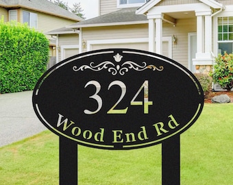 Custom Metal Address Sign with Stakes, Personalized Yard Address Sign, Oval Lawn Address Sign, Address Number Stake Plaque,House Number Sign