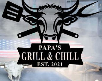 Placa de metal personalizada para grelhar, arte de parede de metal para grelhar e relaxar, placas para churrasco, placa de churrasco personalizada, decoração para churrasco no quintal, placa para grelhar