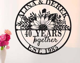 Custom Metal 40 Year Anniversary Sign, Personalized 40th Anniversary Gift for Parents, 10/20/25/30/50/60 Years Together Sign with Flowers