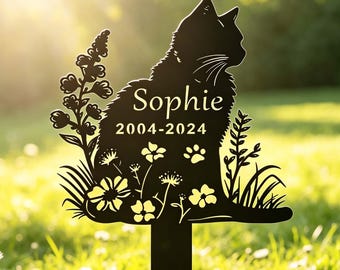 Personalized Metal Cat Grave Marker,Cat Memorial Stake with Flowers,Custom Cat Cemetery Stake,Cat Garden Stake,Cat Garden Decor,Loss of Cat