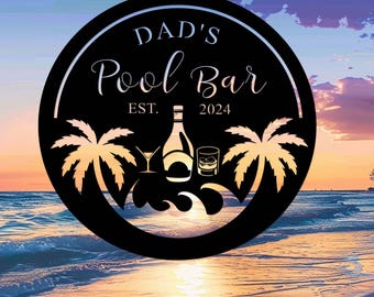 Niestandardowy szyld baru przy basenie, szyld baru Tiki, spersonalizowany szyld baru na plaży, palma ścienna, dekoracja basenu zewnętrznego, szyld Patio Oasis, dekoracja szyldu domku przy basenie