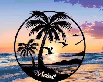 Custom Beach Palm Tree Sign,Palm Tree Decor,Personalized Beach House Sign,Palm Tree Wall Art,Outdoor Lake House Decor,Nautical Coastal Decor