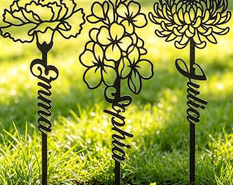 Custom Birth Flower Memorial Stake: Personalized Name Grave Marker, Metal Floral Cemetery Sign