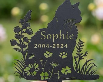 Personalized Metal Cat Grave Marker,Cat Memorial Stake with Flowers,Custom Cat Cemetery Stake,Cat Garden Stake,Cat Garden Decor,Loss of Cat