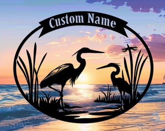 Custom Metal Heron Sign,Great Blue Heron Sign,Personalized Heron Sign,Metal Heron Bird Art,Blue Heron Decor,Pond Decor,Beach Lake Signs