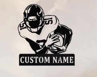 Cartello in metallo personalizzato con giocatore di football americano, decorazione murale in metallo con giocatore di football americano, cartello personalizzato con nome del giocatore di football americano, cartello con football americano, decorazione sportiva per cameretta dei bambini