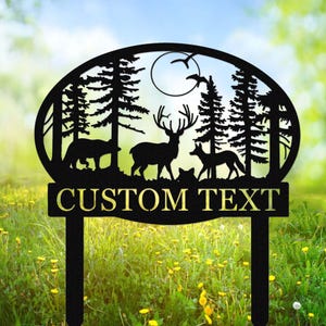 Letrero de ciervo del bosque personalizado, arte de pared de metal con ciervos de animales salvajes, letrero personalizado con nombre de cabaña, decoración de estaca de jardín con ciervos al aire libre, letrero para acampar
