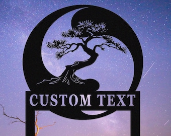 Personalized Bonsai Tree Metal Garden Sign, Custom Garden Sign, Bonsai Garden Stake, Yin Yang Tree Outdoor Garden Yard Decor, Gardener Gift