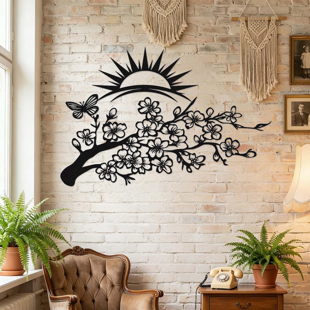 Rock Spring Flower Sign Branch Flower Sign, Spring Scene Metal Wall Art, Garden Sign, Cherry ...