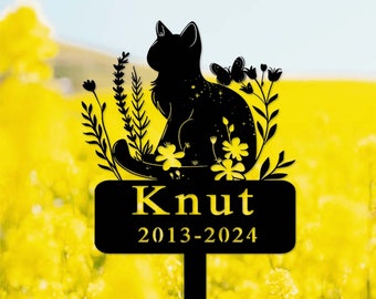 Personalized Cat Memorial Stake,Cat Metal Grave Marker with Flowers,Custom Cat Cemetery Stake,Loss of Cat Sympathy Gift,Cat Garden Stake