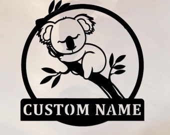 Placa de coala de metal personalizada, placa com nome de coala personalizada, arte de parede de coala, decoração de berçário de coala, urso coala de metal excêntrico, placa de berçário australiana
