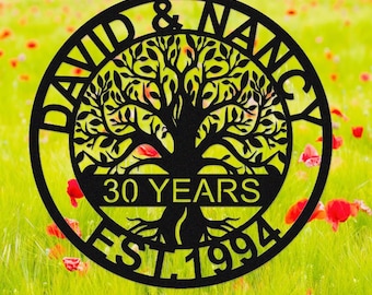 Letrero metálico de aniversario personalizado, regalo de 30.º aniversario, arte mural metálico del Árbol de la Vida, letrero con apellido personalizado, regalo de 30.º aniversario de bodas