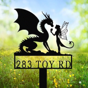 Custom Address Sign,Dragon Fairy Address Yard Stake,Personalized House Number Garden Stake,Metal Lawn Address Sign,Home Number Sign Stake