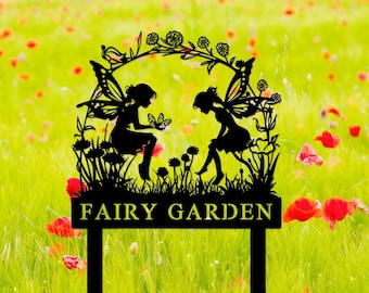 Letrero metálico personalizado para jardín de hadas, letrero de jardín personalizado, estaca para jardín de hadas, decoración de jardín exterior, arte metálico para jardín de hadas, regalo para jardineros