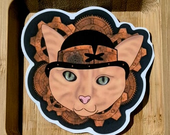 Steampunk Ginger Cat With Cogs/Gears Handmade Sticker (white Trim)