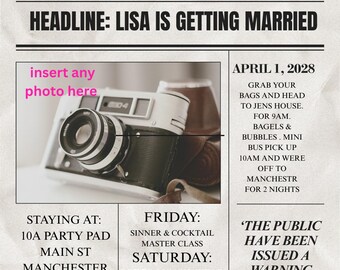 personalised photo Hen  party reveal invitation template. Fun, quirky and simple. Easy to edit and share