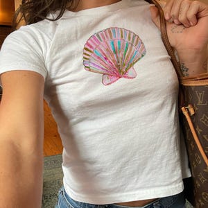Seashell Baby Tee Vintage Collage Aesthetic Seashell Baby Tee Coastal Grandma Cute Women&#39;s T-Shirt Sustainably Made Coastal Baby Tee Gen Z