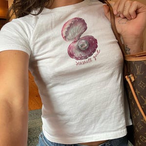 Seashell Baby Tee Vintage Coastal Aesthetic Seashell Baby Tee Coastal Grandma Cute Women&#39;s T-Shirt Sustainably Made Coastal Baby Tee Gen Z