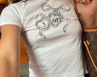 Personalized Initials Shirt Y2k Baby Tee Y2k Shirt Coquette Tee Trendy Baby Tee Vintage Aesthetic Coquette Bow Shirt Letter Custom Gift Tee
