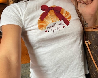 Croissant Baby Tee Coquette 90s Baby Tee Preppy Baby Tee Aesthetic Coquette Shirt Y2k Baby Tee Pastry Baby Tee Gen Z Graphic Tee Aesthetic