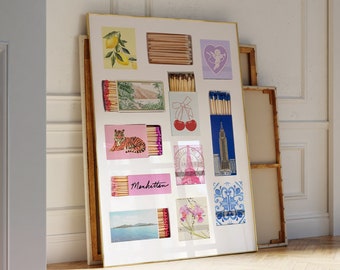 Matchbox Print Vintage Matchbook Wall Art Retro Matches Aesthetic Trendy Print For Apartment Euro Summer Matchbox Poster Retro Bar Cart Art