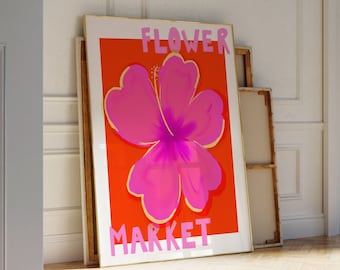 Stampa di ibisco del mercato dei fiori, arte murale con fiori boho, poster del mercato dei fiori, stampa per soggiorno, decorazione da parete per camera da letto, stampe floreali astratte moderne