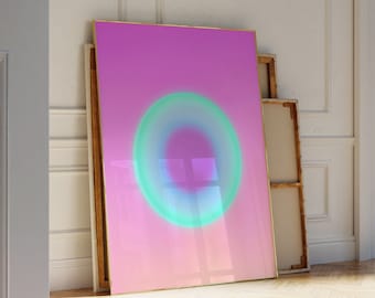 Könnte beinhalten: Ein gerahmter abstrakter Kunstdruck mit rosa Hintergrund und einem großen, bunten, schillernden Kreis in der Mitte.