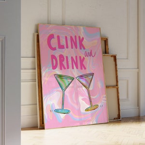 Roze martini-print cocktail handgetekende poster muurkunst gerinkeldrankje esthetiek decor trendy prints voor appartement girly preppy print