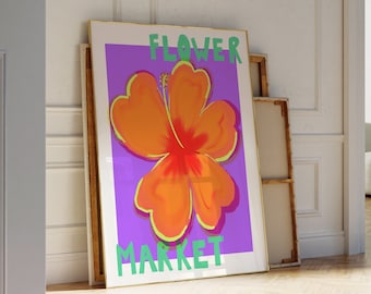 Flower Market Hibiscus Print Boho Flower Wall Art Flower Market Poster Living Room Print Bedroom Wall Décor Colorful Tropical Floral Prints