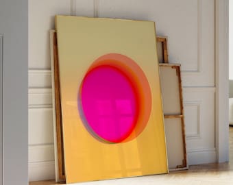 Könnte beinhalten: Ein gerahmter abstrakter Kunstdruck mit einem großen pinkfarbenen Kreis, der von konzentrischen orangefarbenen und gelben Kreisen auf einem gelben Hintergrund umgeben ist.